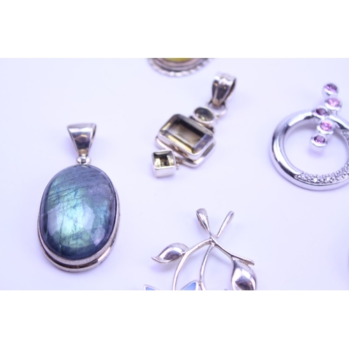 128 - A Collection of Silver Semi Precious Stone Jewellery to include 9 x Pendants, 1 x Ring, Onyx, Jasper... 