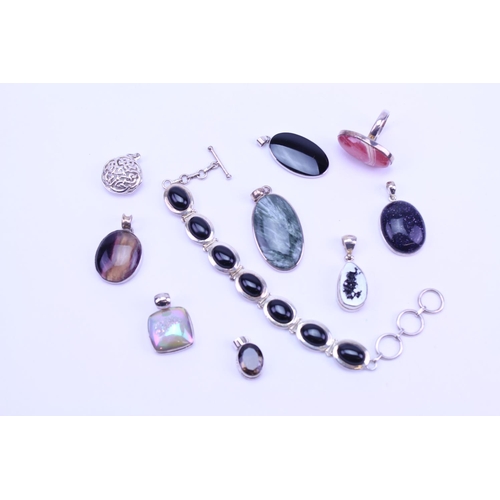 129 - A Collection of Silver Semi Precious Stone Jewellery to include 8 x Pendants, 1 x Ring, Bracelet, On... 