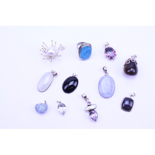 130 - A Collection of Silver Semi Precious Stone Jewellery to include 10 x Pendants, 1 x Ring, Moonstone, ... 