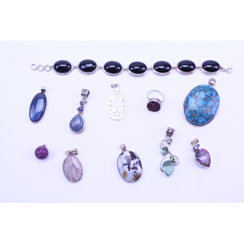 131 - A Collection of Silver Semi Precious Stone Jewellery to include 9 Pendants, 1 x Ring, Bracelet, Onyx... 