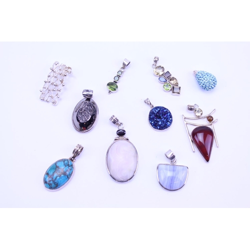 132 - A Collection of Silver Semi Precious Stone Jewellery to include 10 x Pendants, Geode, Blue Lace, Aga... 