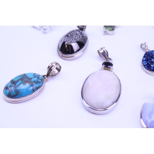 132 - A Collection of Silver Semi Precious Stone Jewellery to include 10 x Pendants, Geode, Blue Lace, Aga... 