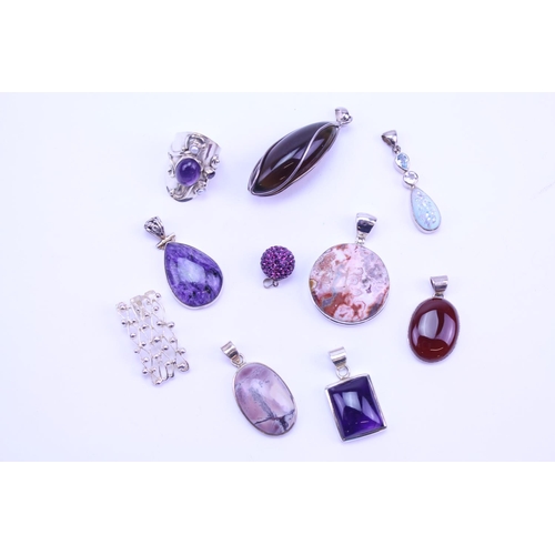 133 - A Collection of Silver Semi Precious Stone Jewellery to include 9 x Pendants, 1 x Ring, Amethyst, Ja... 