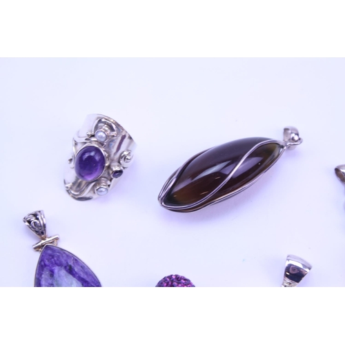 133 - A Collection of Silver Semi Precious Stone Jewellery to include 9 x Pendants, 1 x Ring, Amethyst, Ja... 