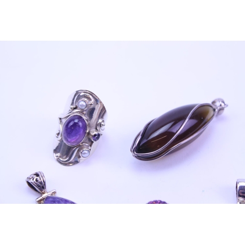 133 - A Collection of Silver Semi Precious Stone Jewellery to include 9 x Pendants, 1 x Ring, Amethyst, Ja... 