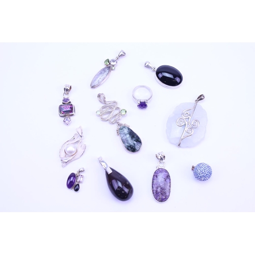 135 - A Collection of Silver Semi Precious Stone Jewellery to include 10 x Pendants, 1 x Ring, Onyx, Charo... 