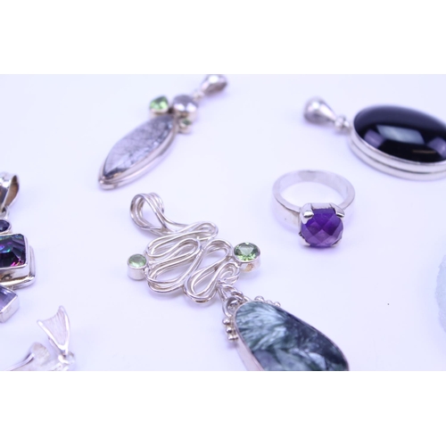 135 - A Collection of Silver Semi Precious Stone Jewellery to include 10 x Pendants, 1 x Ring, Onyx, Charo... 