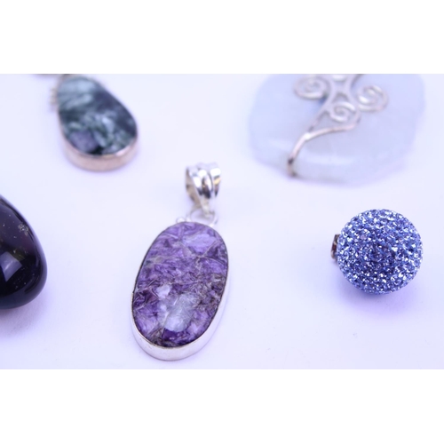 135 - A Collection of Silver Semi Precious Stone Jewellery to include 10 x Pendants, 1 x Ring, Onyx, Charo... 