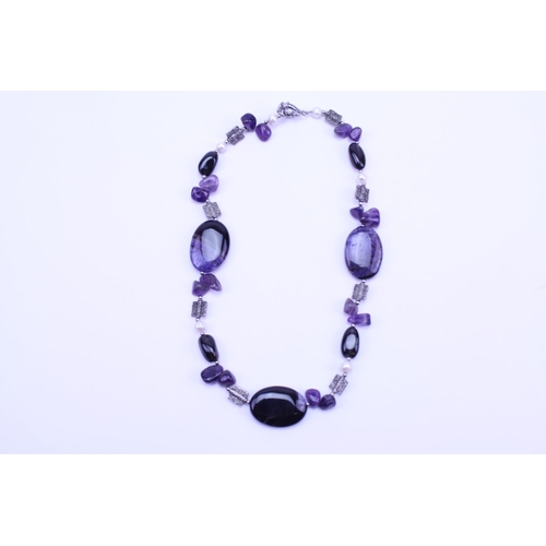 136 - A Modern Purple & Beed Necklace with Silvered Spacers.