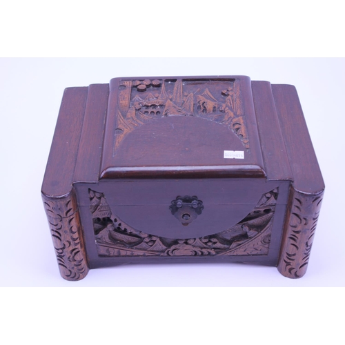 241 - A Chinese Coffer Shaped Jewellery containing Costume Jewellery, Lipstick, Compact, etc.