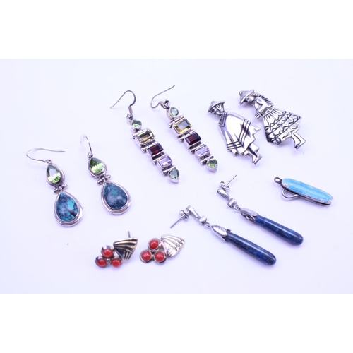 98 - A quantity of brooches, Lapis earrings, enamelled clip, etc.