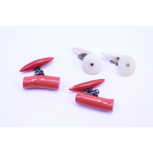 100 - Two pairs of cufflinks along with a set of coral cufflinks.