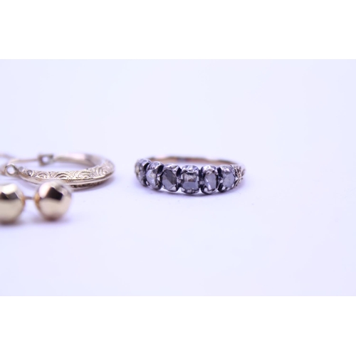 102 - A collection of earrings and a Victorian ring set with 6 uncut Diamonds.