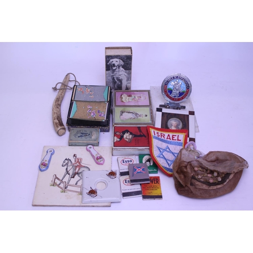 367 - A quantity of Playing Cards, Porcelain Dolly Top, St. Christopher Badge, Match Cases, etc.