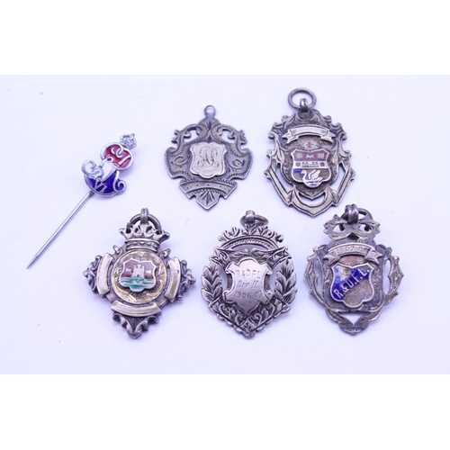 373 - A Collection of Victorian & Edwardian Silver Fob Medals along with a Pin. (5 in Total).