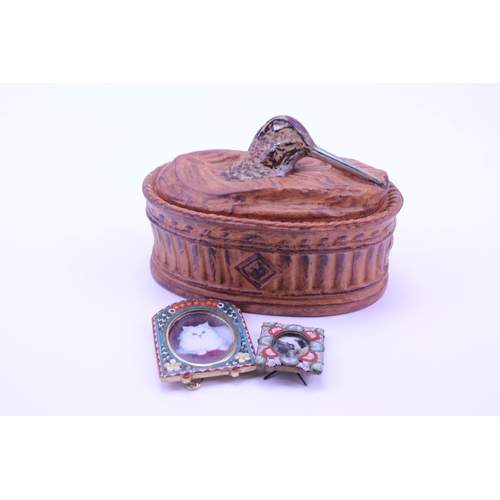 859 - A late 19th Century French Snipe pate tureen along with two Mosaic frames.