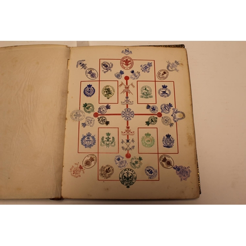 325 - An interesting Leather bound book containing letter headings, company crests, family heraldic crests... 