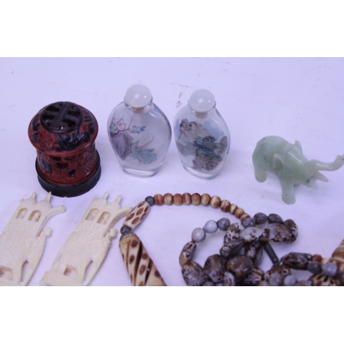 887 - A Cricket Cage, two Chinese Interior decorated Snuff Bottles, two Chess Pieces, etc.