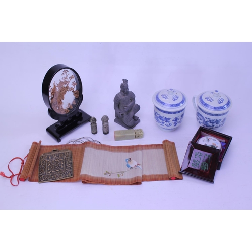 891 - A Chinese Corkwood Picture, Paste Pot, Brass Universal Scroll Weights, a Chop, etc.