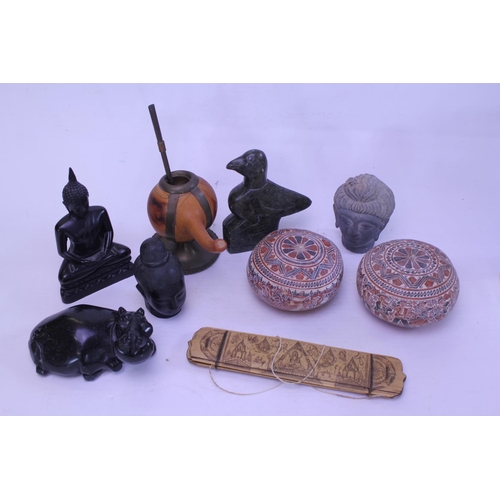 886 - A Carved study of an African Hippo, a Buddha, Soap Stone Carvings & an Indian Folding Booklet.