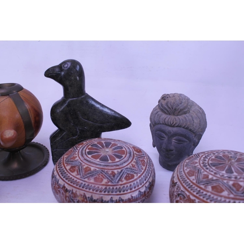 886 - A Carved study of an African Hippo, a Buddha, Soap Stone Carvings & an Indian Folding Booklet.