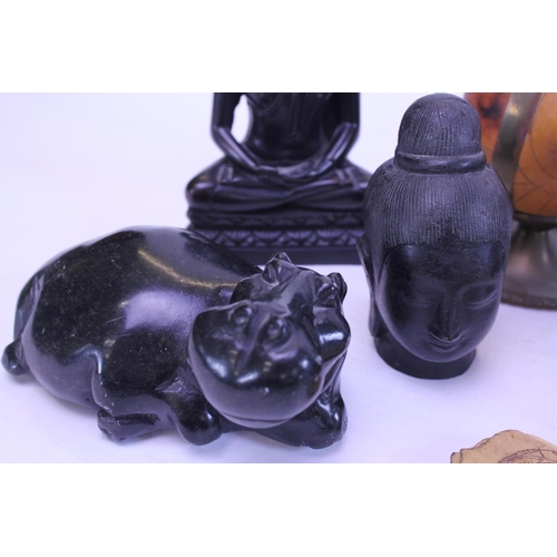 886 - A Carved study of an African Hippo, a Buddha, Soap Stone Carvings & an Indian Folding Booklet.