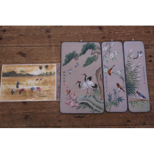 902 - A Painted On Silk Panels of Rice Farmers & other items of interest.