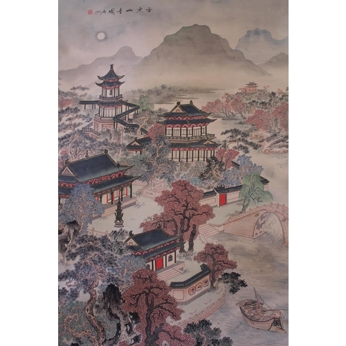 903 - A Chinese Hanging Scroll painted with a view of a Japanese City with a Red Seal mark & Floral border... 