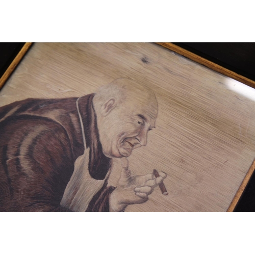 909 - A Japanese Silk Picture depicting an old Japanese Man smoking a Cigar contained in Original Frame. M... 