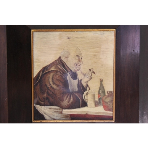 909 - A Japanese Silk Picture depicting an old Japanese Man smoking a Cigar contained in Original Frame. M... 