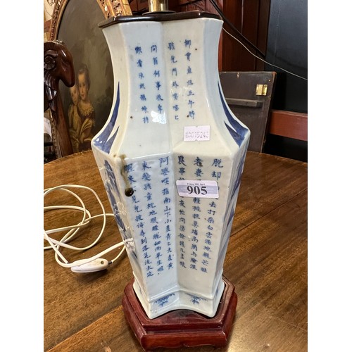 905 - A Chinese Blue & White Hexagonal Shaped Table Lamp converted from a vase with one wall of Characters... 