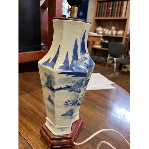 905 - A Chinese Blue & White Hexagonal Shaped Table Lamp converted from a vase with one wall of Characters... 