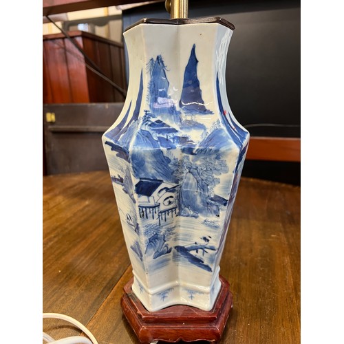 905 - A Chinese Blue & White Hexagonal Shaped Table Lamp converted from a vase with one wall of Characters... 