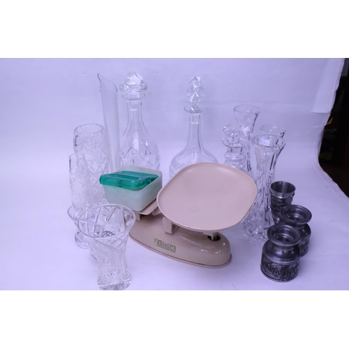 480 - Three various Decanters, Cut Glass Vases, Set of Scales, Pewter, etc.