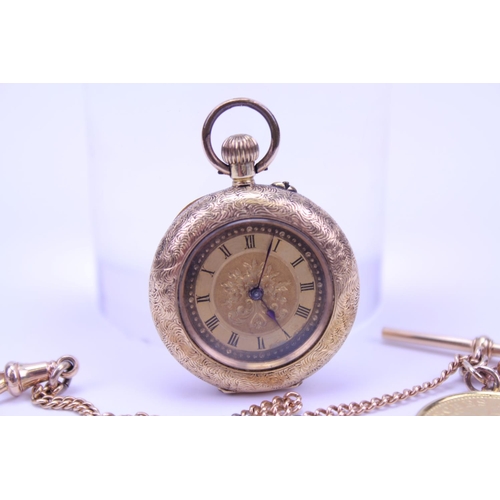 123 - A Small 18ct Gold Pocket Watch with an 18ct Gold Bi-Metal Albert Chain & a 1900 