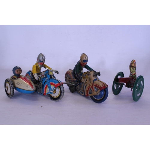 323 - A 1960s Clockwork Tin Plate Motorcycle & Sidecar, a Clockwork Tin Plate Motor Cycle & Rider & a Tin ... 