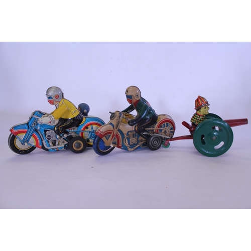 323 - A 1960s Clockwork Tin Plate Motorcycle & Sidecar, a Clockwork Tin Plate Motor Cycle & Rider & a Tin ... 