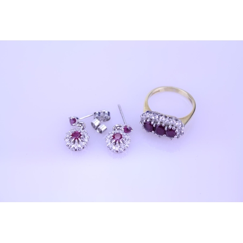 247 - An 18ct Gold Ruby and Diamond set Ring along with a similar pair of Ruby and Diamond earrings. Total... 