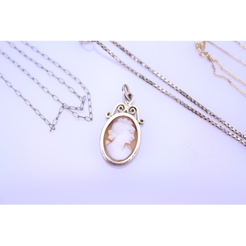 250 - Two 9ct Gold necklaces along with a 9ct Gold mounted cameo and one other chain. Weight: Without Othe... 