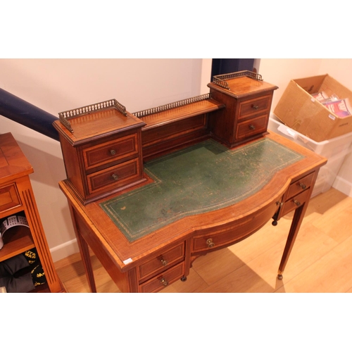 603 - An Edwardian Mahogany & Satinwood Inlaid Ladies Writing Table with Moroccan Leather Top, Upper Secti... 