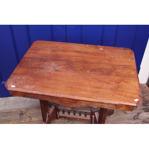 594 - A Victorian designed Oak Mahogany & Burr Yew Table resting on carved cross stretchers. Measuring: 77... 