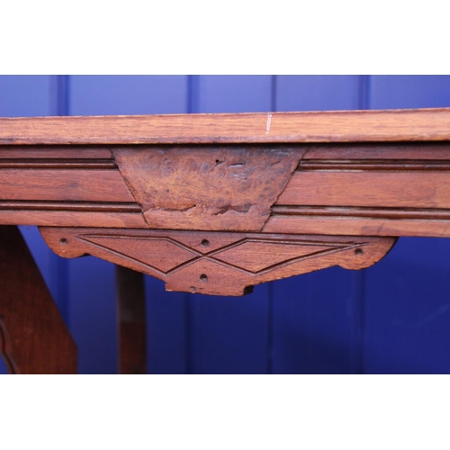 594 - A Victorian designed Oak Mahogany & Burr Yew Table resting on carved cross stretchers. Measuring: 77... 