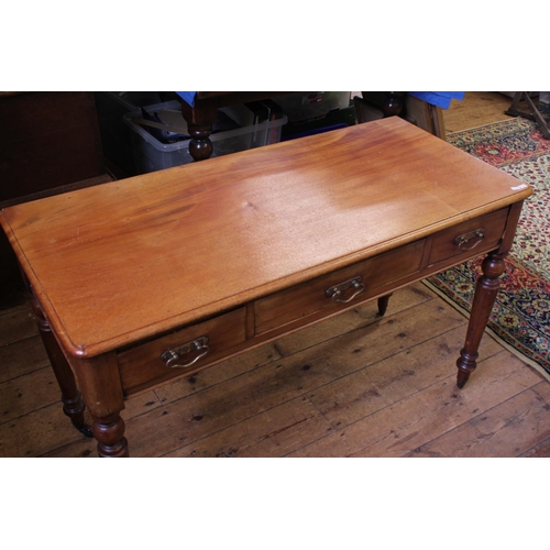 599 - A Victorian Mahogany Three Drawers Side Table resting on Turned Legs & fitted with Brass Drop Handle... 