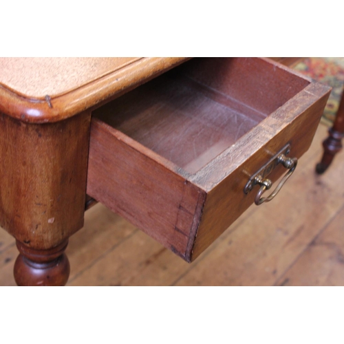 599 - A Victorian Mahogany Three Drawers Side Table resting on Turned Legs & fitted with Brass Drop Handle... 