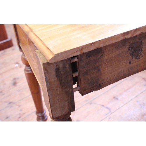 599 - A Victorian Mahogany Three Drawers Side Table resting on Turned Legs & fitted with Brass Drop Handle... 