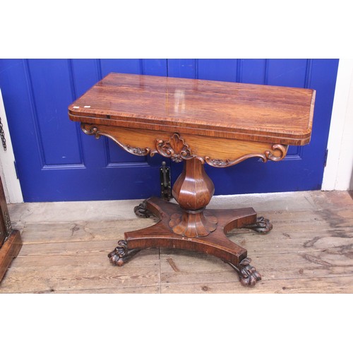 354 - A Victorian Fold Over Top Laburnum Wood Card Table resting on a central petal base, Claw & Ball Feet... 