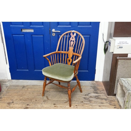 379 - A Fruit Wood & Elm Seated Country Splat Back Windsor Chair with Elbow Arms, C Fronts & Crinoline Str... 