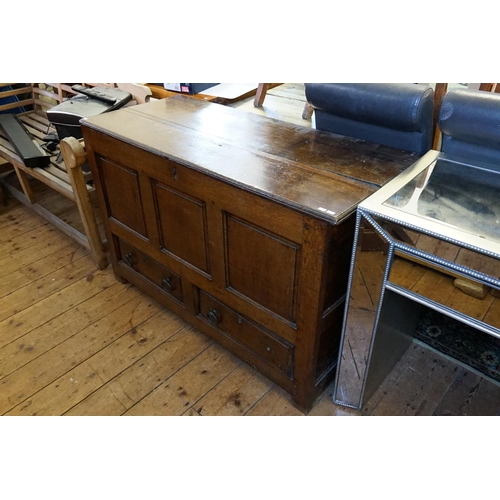 395 - A Georgian Oak Three Panelled Mule Chest fitted with two Drawers. Measuring: 122cms across x 52cms d... 