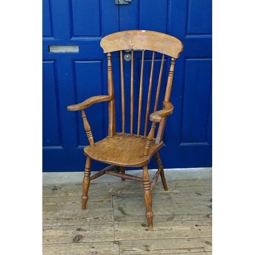 411 - An Antique Splat Back & Hoop Back Kitchen Elbow Chair with Swept Out Arms & Turned Legs, Cross Stret... 