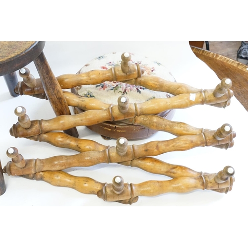 562 - A Victorian Beech Framed Extending Hat Rack, a Foot Stool & a Wooden Milking Stool.